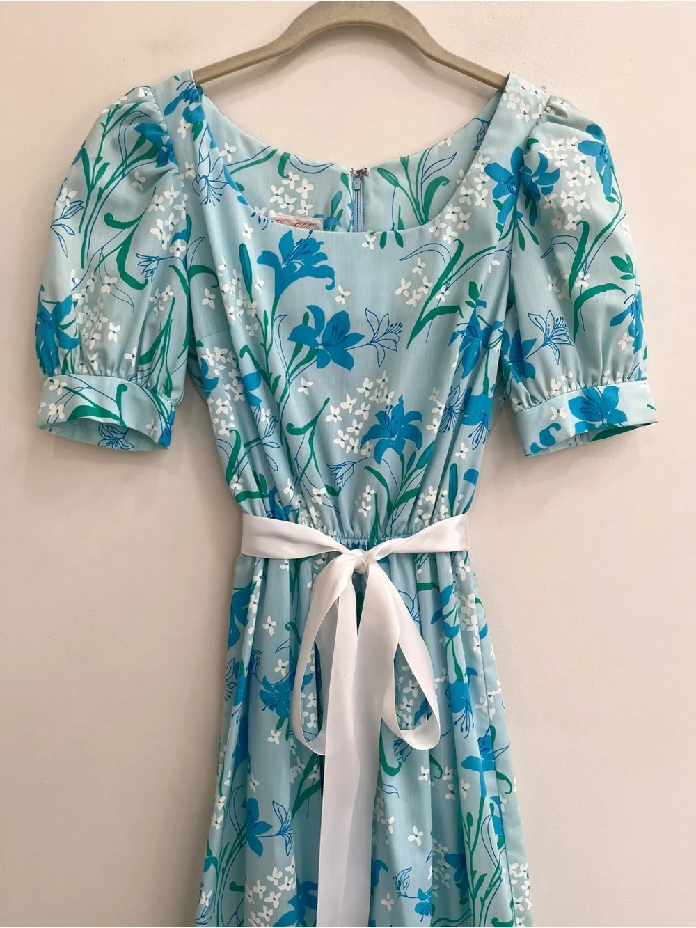 Vintage Lilly Pulitzer 80’s cotton midi dress light blue floral basket weave hem - Picture 5 of 16